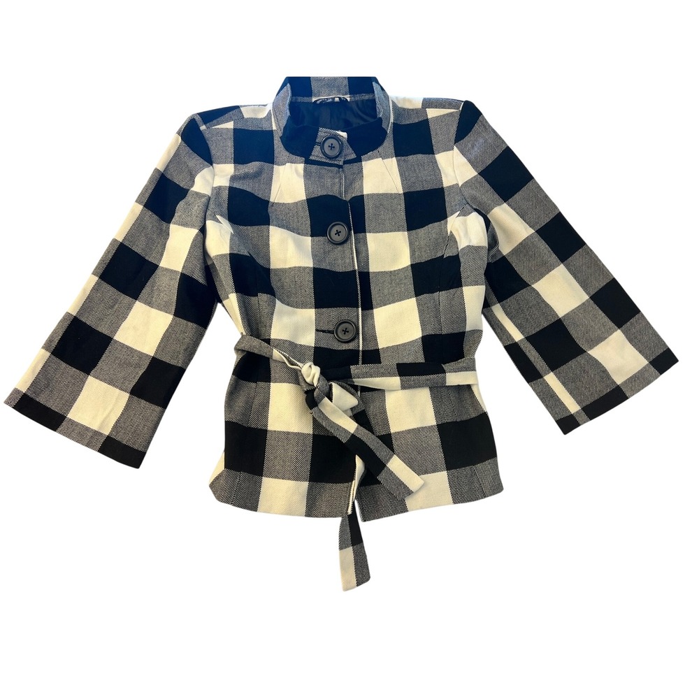 Briggs New York Black White Buffalo Plaid Belted Jacket Mock Neck Size 12